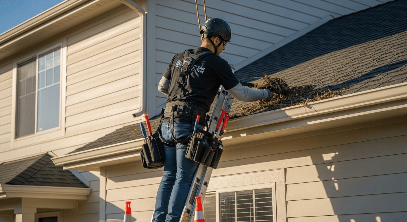 gutter cleaning technician on a ladder